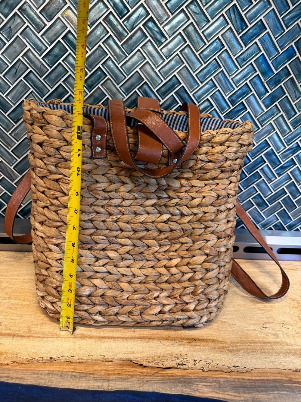 Woven Straw Tote Bag/backpack with Brown Leather Trim - Picture 2 of 5
